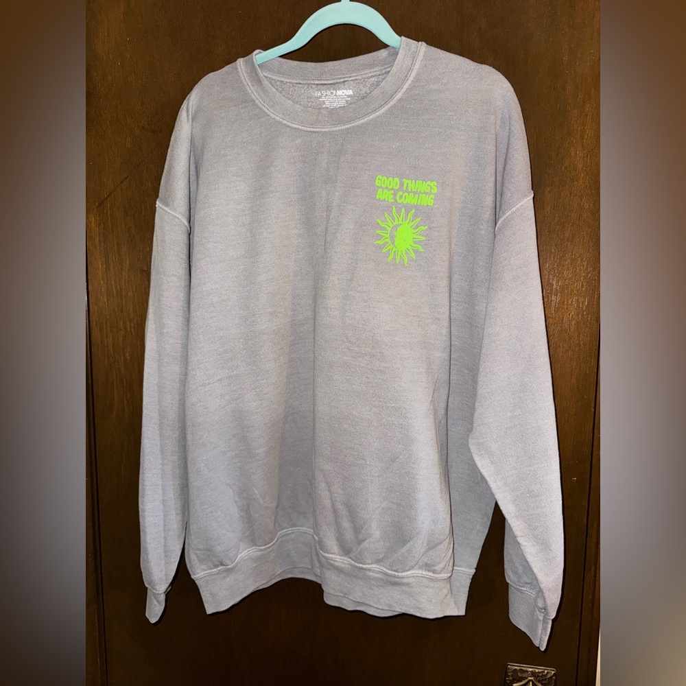 Fashion Nova Gray Crewneck Sweatshirt with Neon Green Accent